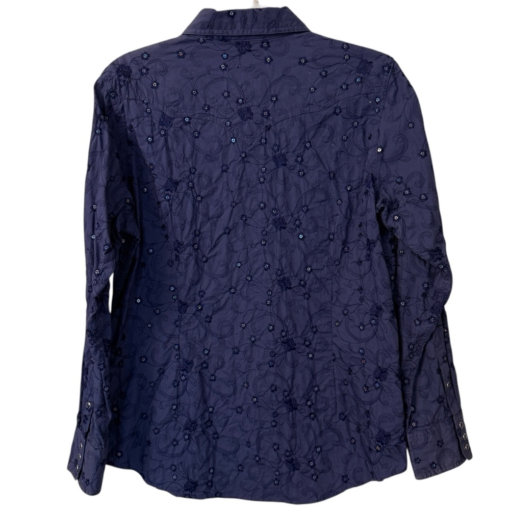 Ariat Women’s Navy Sequin Embroidered Western Pearl Snap Shirt L Cowgirl Sparkle - Picture 3 of 10